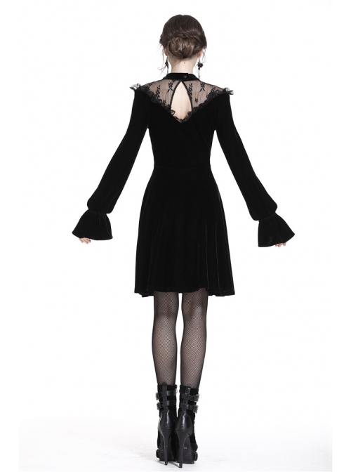 Black Cross Hollow Embroidery Lace Long Sleeve  Velvet Gothic Dress