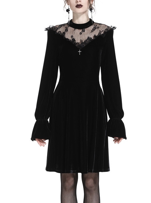 Black Cross Hollow Embroidery Lace Long Sleeve  Velvet Gothic Dress