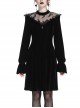 Black Cross Hollow Embroidery Lace Long Sleeve  Velvet Gothic Dress