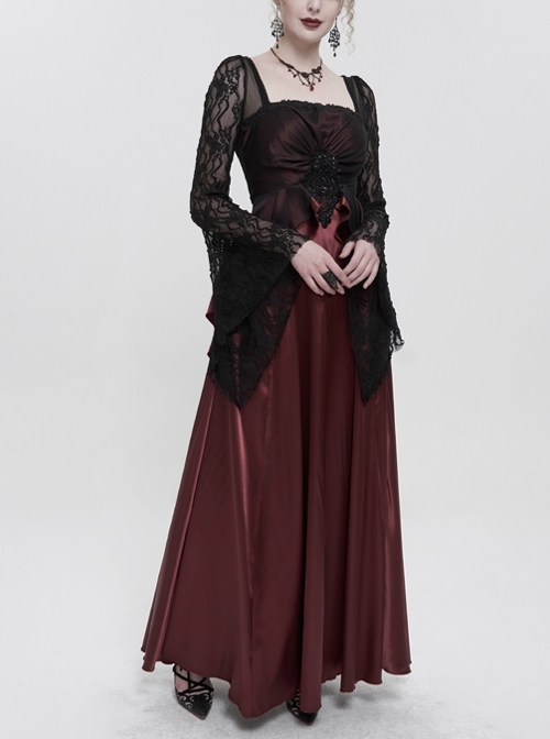 Lace Pointy Large Sleeves Back Middle Zipper Gothic Wine Red Satin Long Floor Length Party Dress