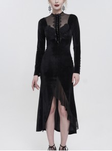 Small Stand Collar Cashew Paisley Lace On Chest Mesh Paneled Asymmetrical Hem Gothic Black Long Sleeve Dress