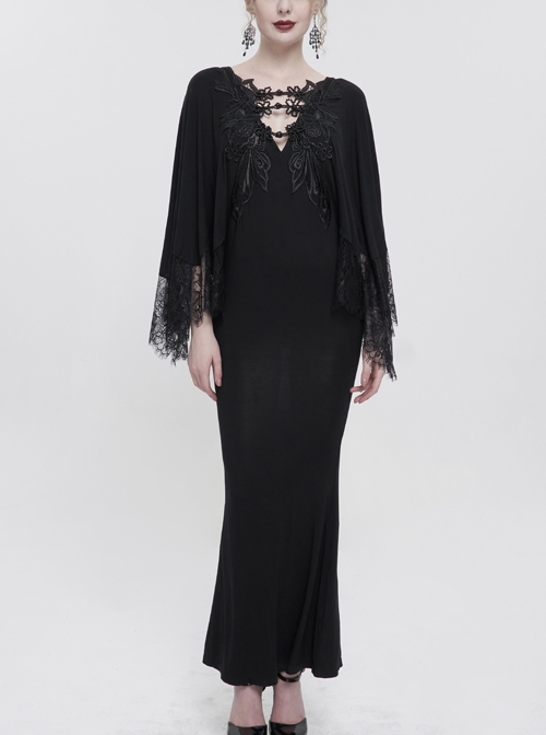 Deep V Neck Bat Sleeve Chest Appliqué Lace Bead Buckle Connection Gothic Black Small Fishtail Long Dress