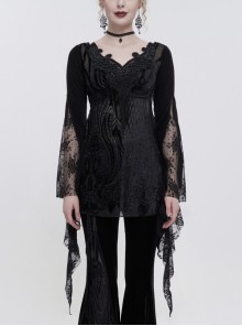 V-Neck Appliqué Beading Lace Flared Cuffs Gothic Black Floral Hip Covered Long Sleeves T-Shirt