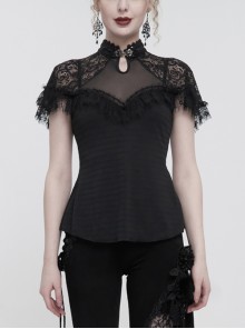 Chinese Style V-Neck Nail Drill Chest Stitching Mesh Raglan Sleeves Gothic Black Cheongsam Style Slim T-Shirt