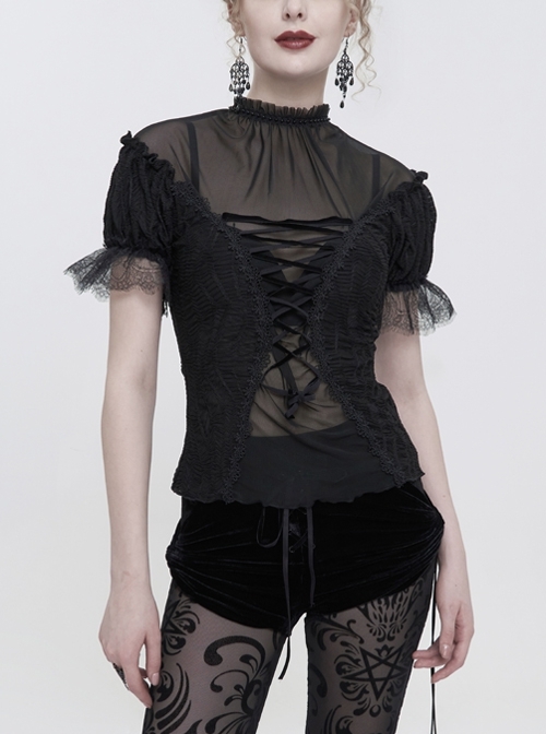 Black Wavy Stretch-Knit Fabric Adjustable Front Center Tether Gothic Daily Style Short Sleeve T-Shirt