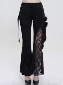 Black Velvet Single Side Stitching Rose Net  Side Rope Decoration Gothic Asymmetric Dark Pattern Flare Pants