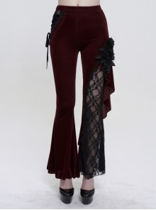Wine Red Velvet Single Side Stitching Rose Net  Side Rope Decoration Gothic Asymmetric Dark Pattern Flare Pants