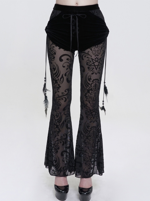 Flocking Mesh Side Hanging Feather Pendant Gothic Black Fake Two-Piece Long Flared Pants