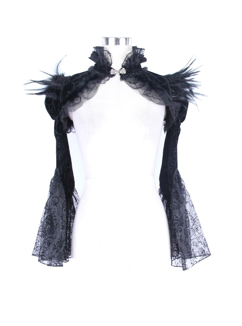 Black Gothic Flocking Yarn Horn Sleeve Embossed Velveteen Feather Cape