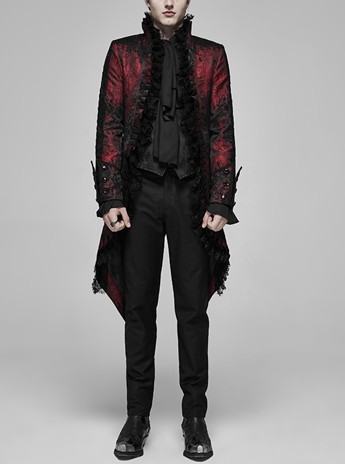 Rococo Dark Red Stand-Up Collar With Ruffled Lace Ornate Tuxedo Woven Gothic Coat