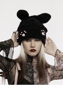 Punk Cute Rabbit Ears And Cat Paw Prints Adorn Black Knit Hat