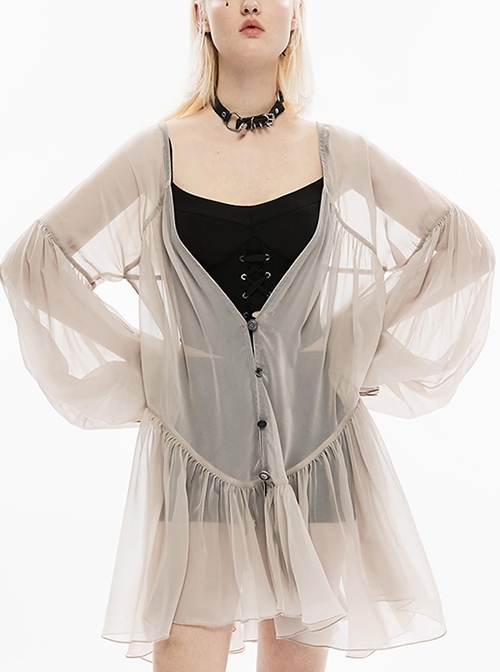 Ruffled Cuffs Fold Hem Beige Loose Chiffon Cardigan Gothic Dress