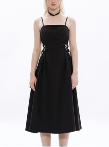 Black Stretch Woven Fabric Sexy Hollow Out Waist  A Line Gothic Slip Dress