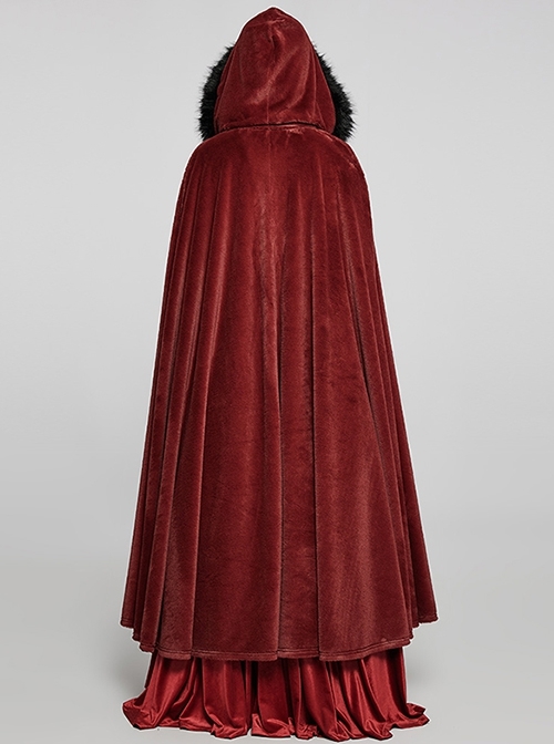 Red Faux Rabbit Fur Front Fuzzy Ball Bandage Gothic Long Hooded Cloak