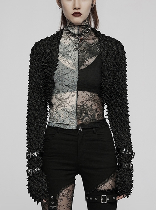 Dark Spiked Brief Paragraph Long Sleeve Gothic Black Woven Jacket