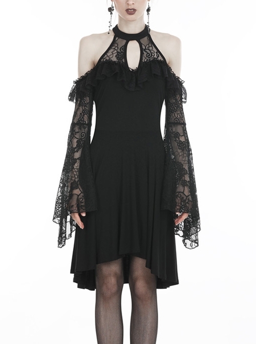 Black Off-Shoulder Hollow Lace Embroidery Knitted Gothic Dress