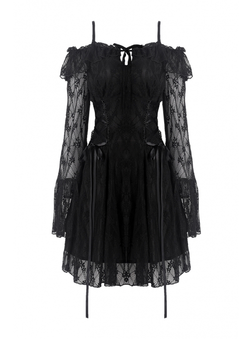 Black Off-shoulder Lace-Up Lace High Waisted Sling Gothic Dress