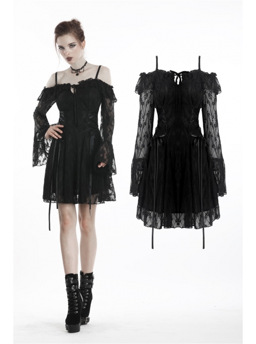 Black Off-shoulder Lace-Up Lace High Waisted Sling Gothic Dress