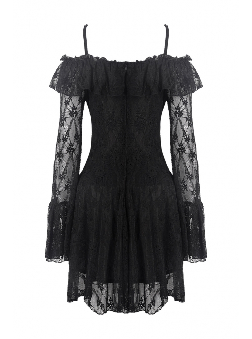 Black Off-shoulder Lace-Up Lace High Waisted Sling Gothic Dress