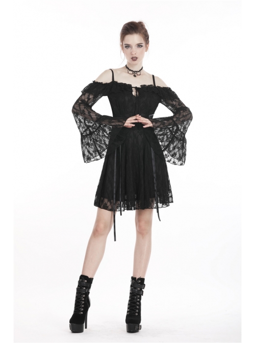 Black Off-shoulder Lace-Up Lace High Waisted Sling Gothic Dress