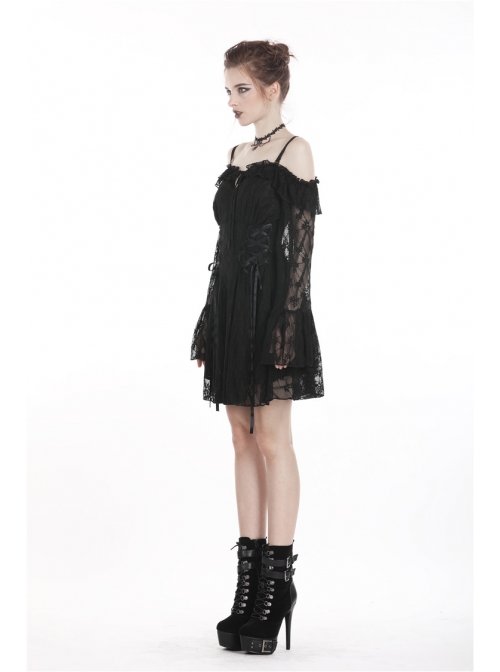 Black Off-shoulder Lace-Up Lace High Waisted Sling Gothic Dress
