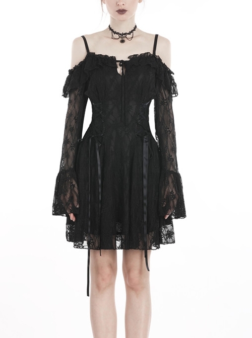 Black Off-shoulder Lace-Up Lace High Waisted Sling Gothic Dress