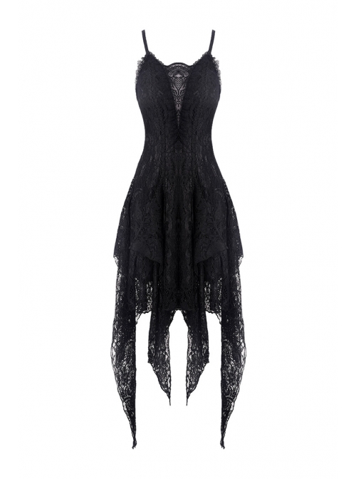 Black Lolita Hollow Lace Tasseled Hem Sling Gothic Dress