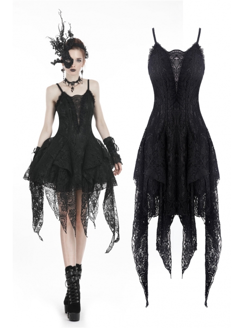 Black Lolita Hollow Lace Tasseled Hem Sling Gothic Dress