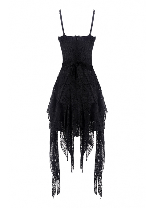 Black Lolita Hollow Lace Tasseled Hem Sling Gothic Dress