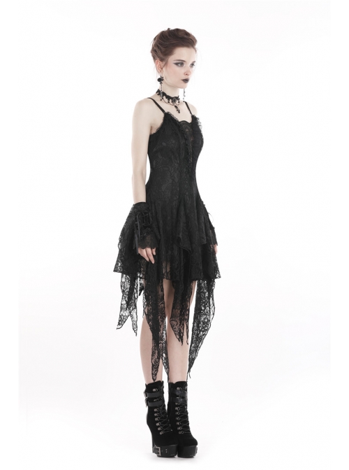 Black Lolita Hollow Lace Tasseled Hem Sling Gothic Dress