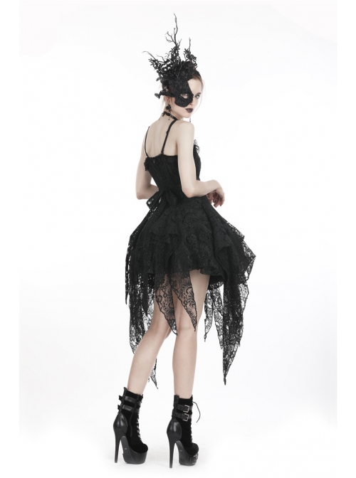 Black Lolita Hollow Lace Tasseled Hem Sling Gothic Dress