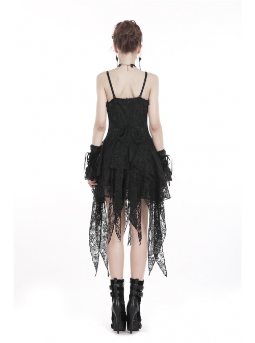 Black Lolita Hollow Lace Tasseled Hem Sling Gothic Dress