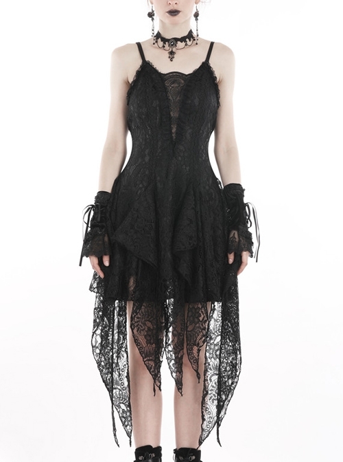 Black Lolita Hollow Lace Tasseled Hem Sling Gothic Dress