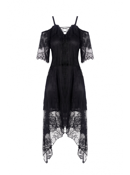 Black Lace-Up Lace High Waisted Tasseled Hem Sling Gothic Dress