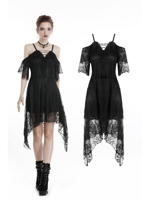 Black Lace-Up Lace High Waisted Tasseled Hem Sling Gothic Dress