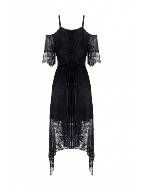 Black Lace-Up Lace High Waisted Tasseled Hem Sling Gothic Dress