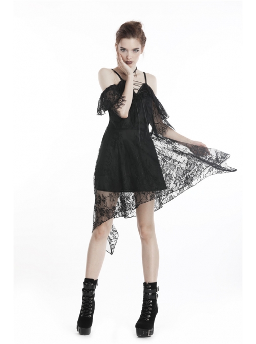 Black Lace-Up Lace High Waisted Tasseled Hem Sling Gothic Dress