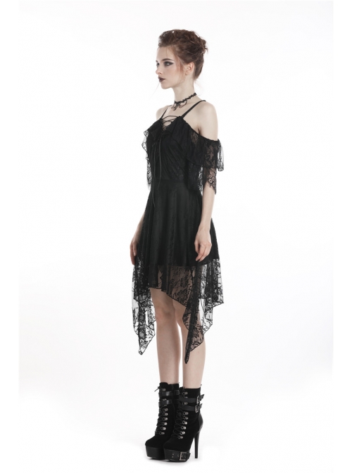 Black Lace-Up Lace High Waisted Tasseled Hem Sling Gothic Dress