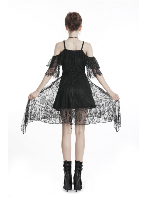 Black Lace-Up Lace High Waisted Tasseled Hem Sling Gothic Dress