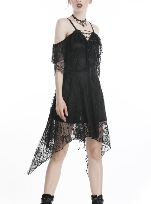 Black Lace-Up Lace High Waisted Tasseled Hem Sling Gothic Dress