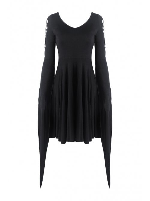 Black Long Hooked Flower Sleeves High Waisted Tight Punk Dress