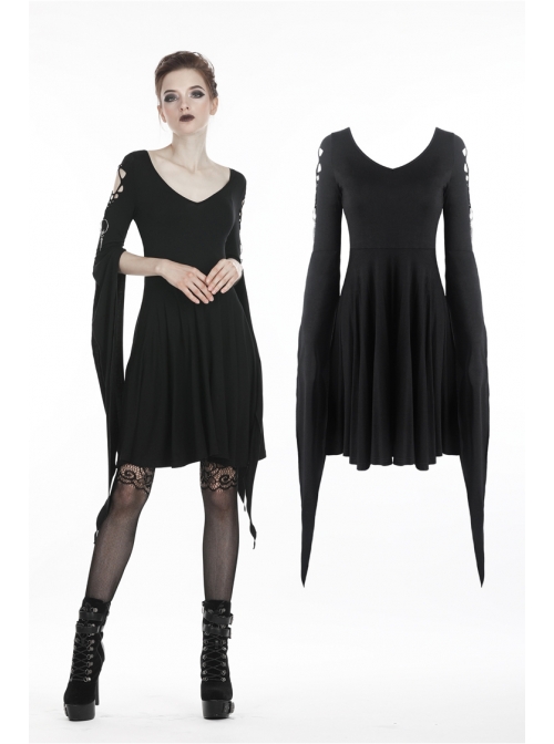 Black Long Hooked Flower Sleeves High Waisted Tight Punk Dress
