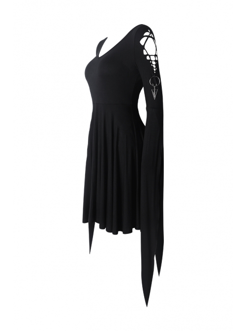 Black Long Hooked Flower Sleeves High Waisted Tight Punk Dress