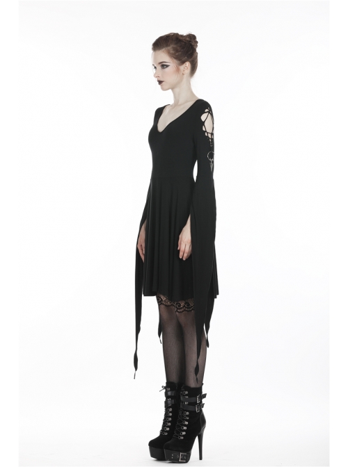 Black Long Hooked Flower Sleeves High Waisted Tight Punk Dress