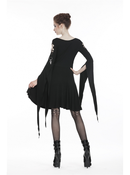 Black Long Hooked Flower Sleeves High Waisted Tight Punk Dress