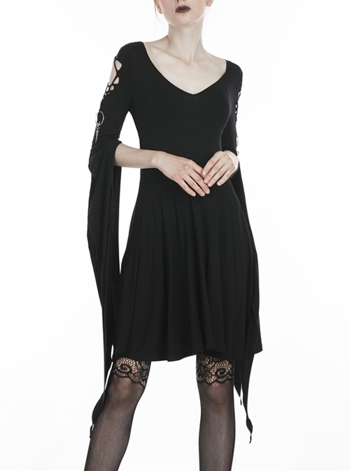 Black Long Hooked Flower Sleeves High Waisted Tight Punk Dress