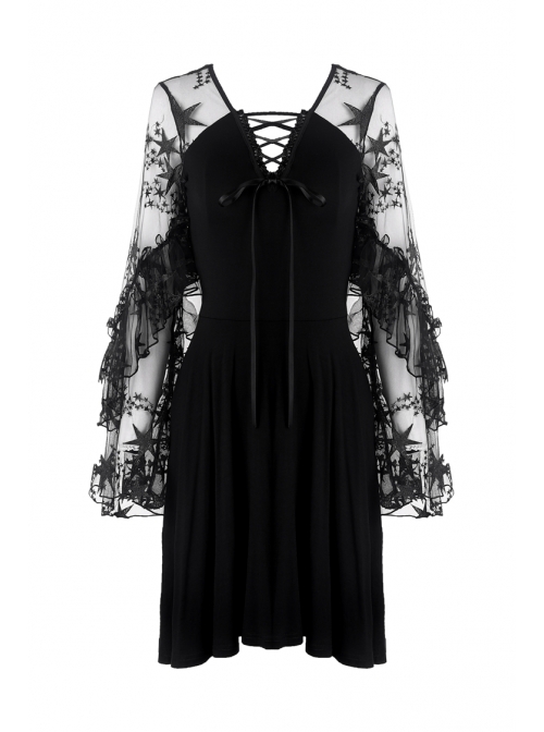 Black Lace-Up Star Embroidery Lacey Casual Gothic Dress