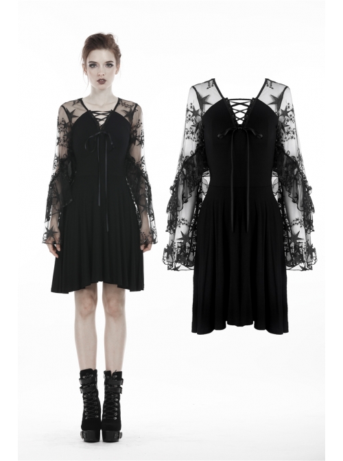 Black Lace-Up Star Embroidery Lacey Casual Gothic Dress