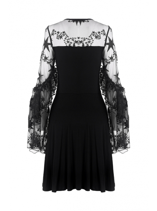 Black Lace-Up Star Embroidery Lacey Casual Gothic Dress