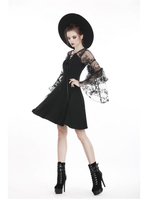 Black Lace-Up Star Embroidery Lacey Casual Gothic Dress